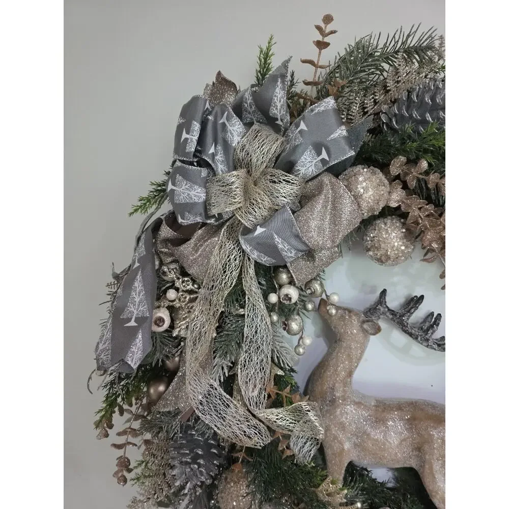 Handmade Christmas Wreath Deer Stag Gold Silver Berries Balls Ribbon 25